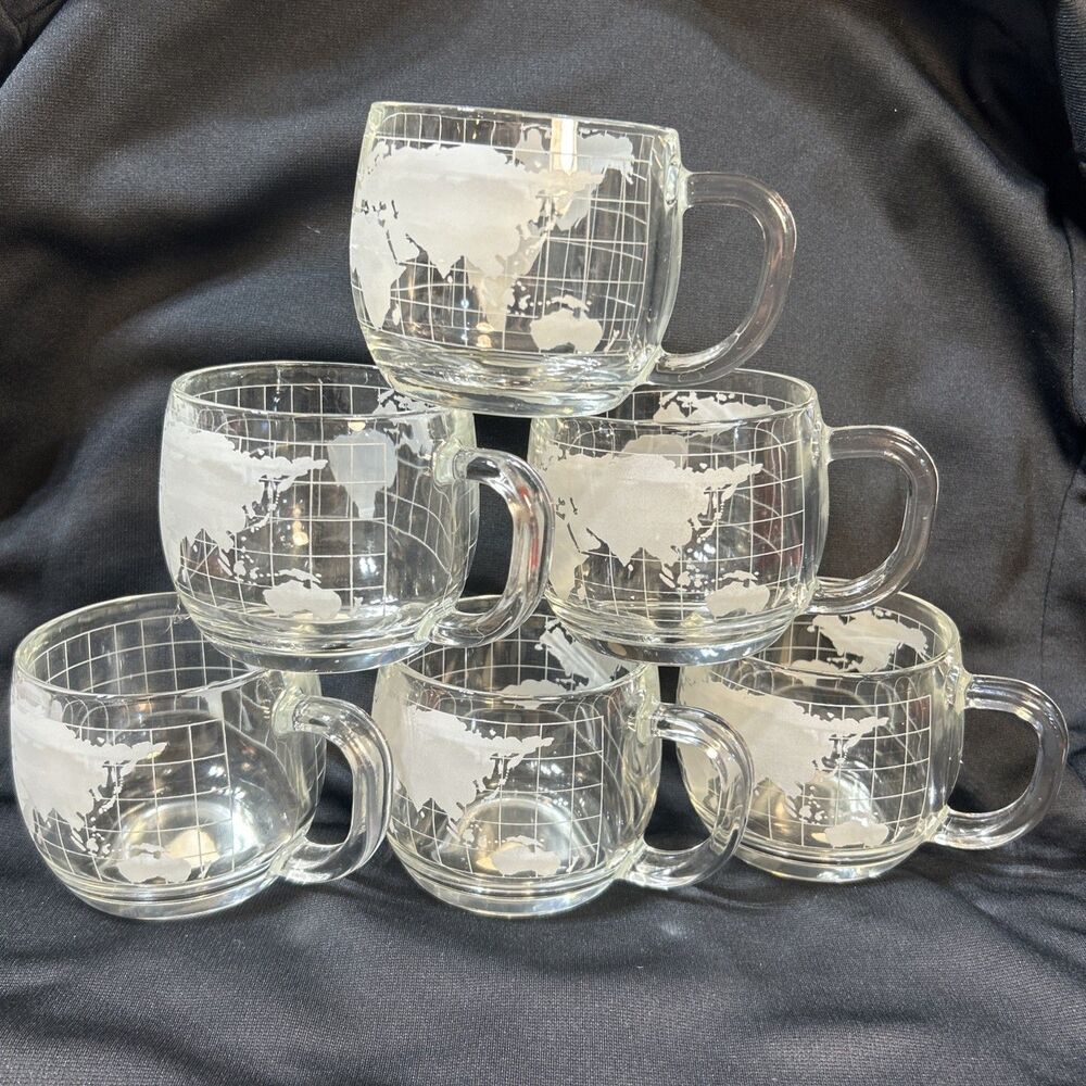 6 Vintage Nestle World Globe Etched Clear Glass Coffee Mug Tea Cup 1970s Nescafe
